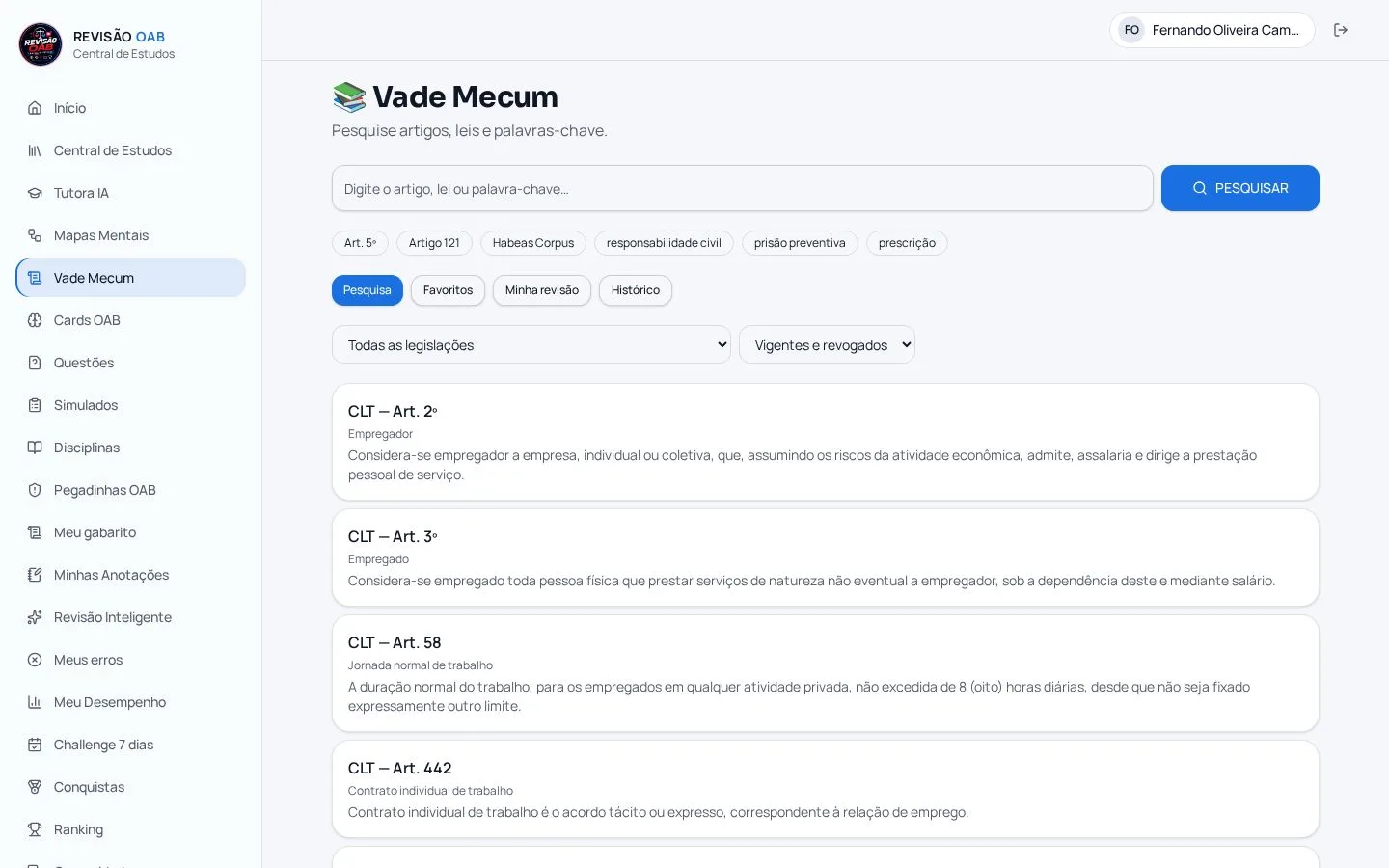 Tela real do Vade Mecum da Revisão OAB