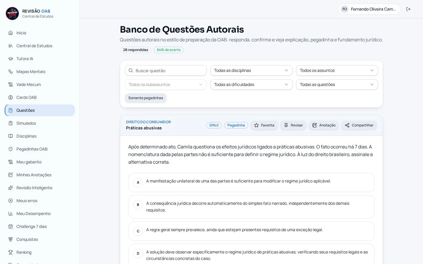 Tela real do banco de questões