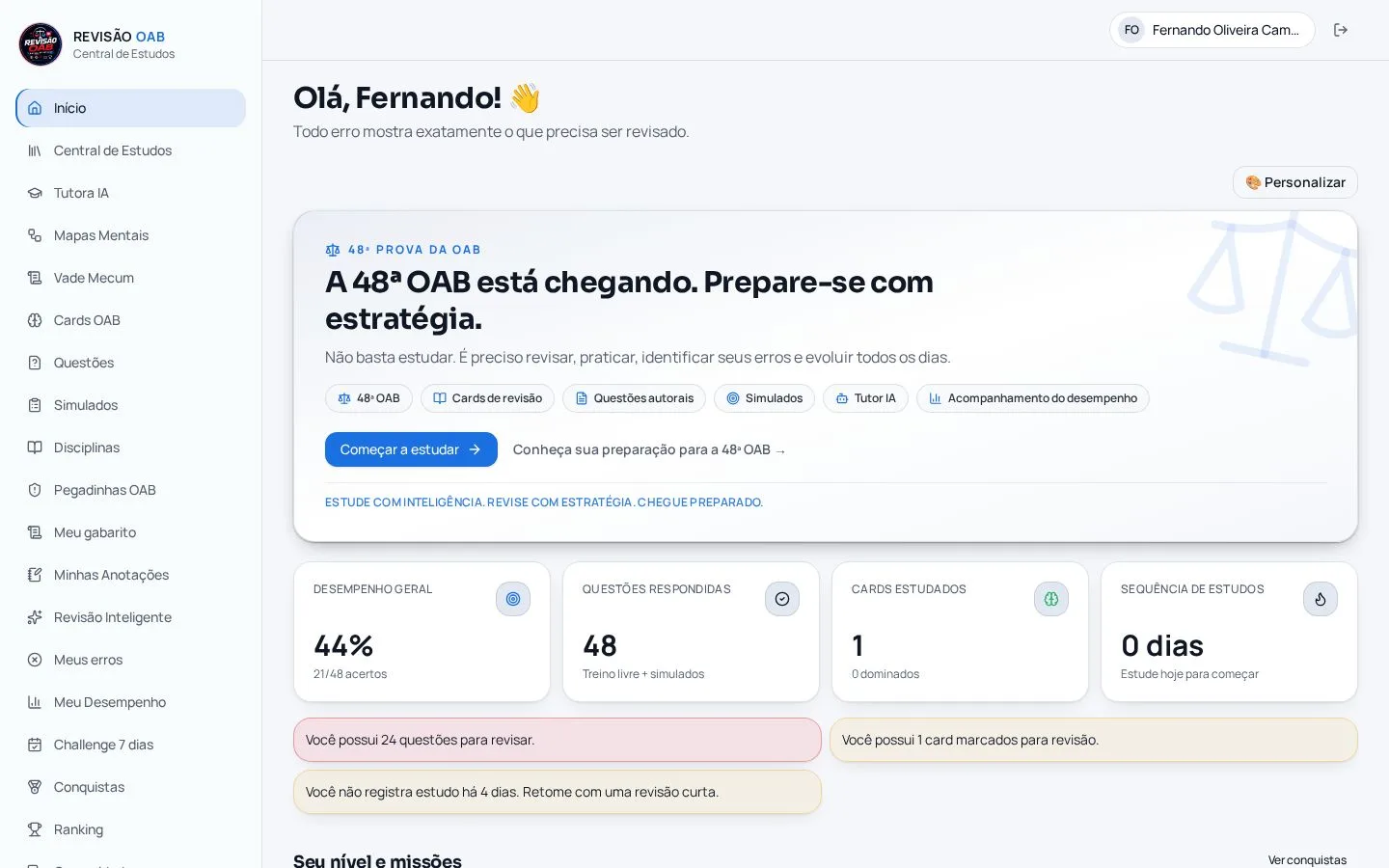 Painel real do aluno na Revisão OAB