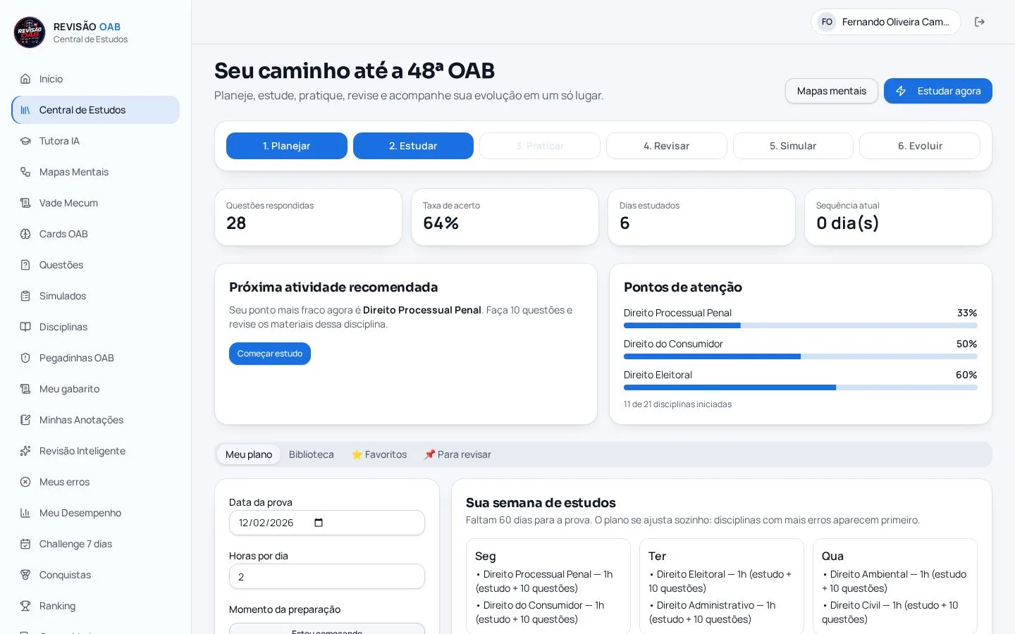 Tela real da Central de Estudos