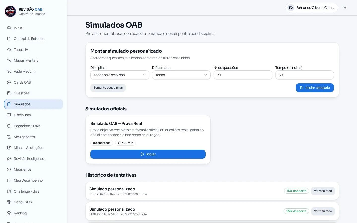 Tela real dos simulados