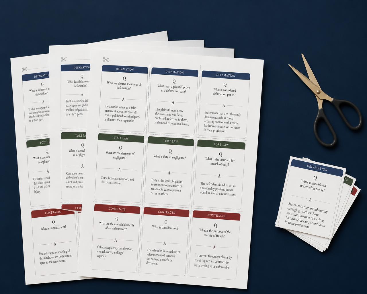 Folhas A4 impressas com flashcards recortáveis de revisão para a OAB